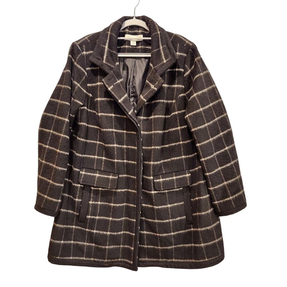 Pure Energy Overcoat Womens 1X Wool Blend Fuzzy boxy Plaid Black Button career